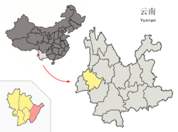 Location of Changning County (pink) and Baoshan Prefecture (yellow) within Yunnan province of China