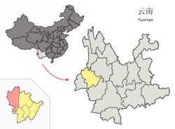 Location of Tengchong (pink) in Baoshan City (yellow) and Yunnan