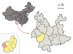 Location of Zhenkang County (pink) and Lincang Prefecture (yellow) within Yunnan province of China