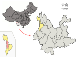 Location of Fugong County (pink) and Nujiang Prefecture (yellow) within Yunnan province of China