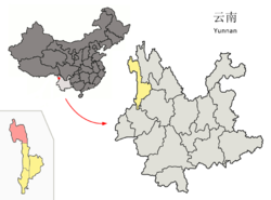 Location of Gongshan County (pink) and Nujiang Prefecture (yellow) within Yunnan province of China