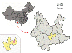 Location of Jiangchuan County (pink) and Yuxi Prefecture (yellow) within Yunnan province of China