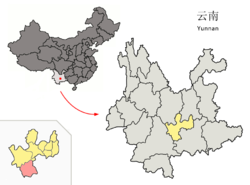 Location of Yuanjiang County jurisdiction (pink) within Yuxi City (yellow) and Yunnan